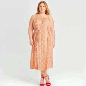 Ava & Viv Pink/Coral Snakeskin Pleated Flowy Midi Dress Spaghetti Strap size 2X